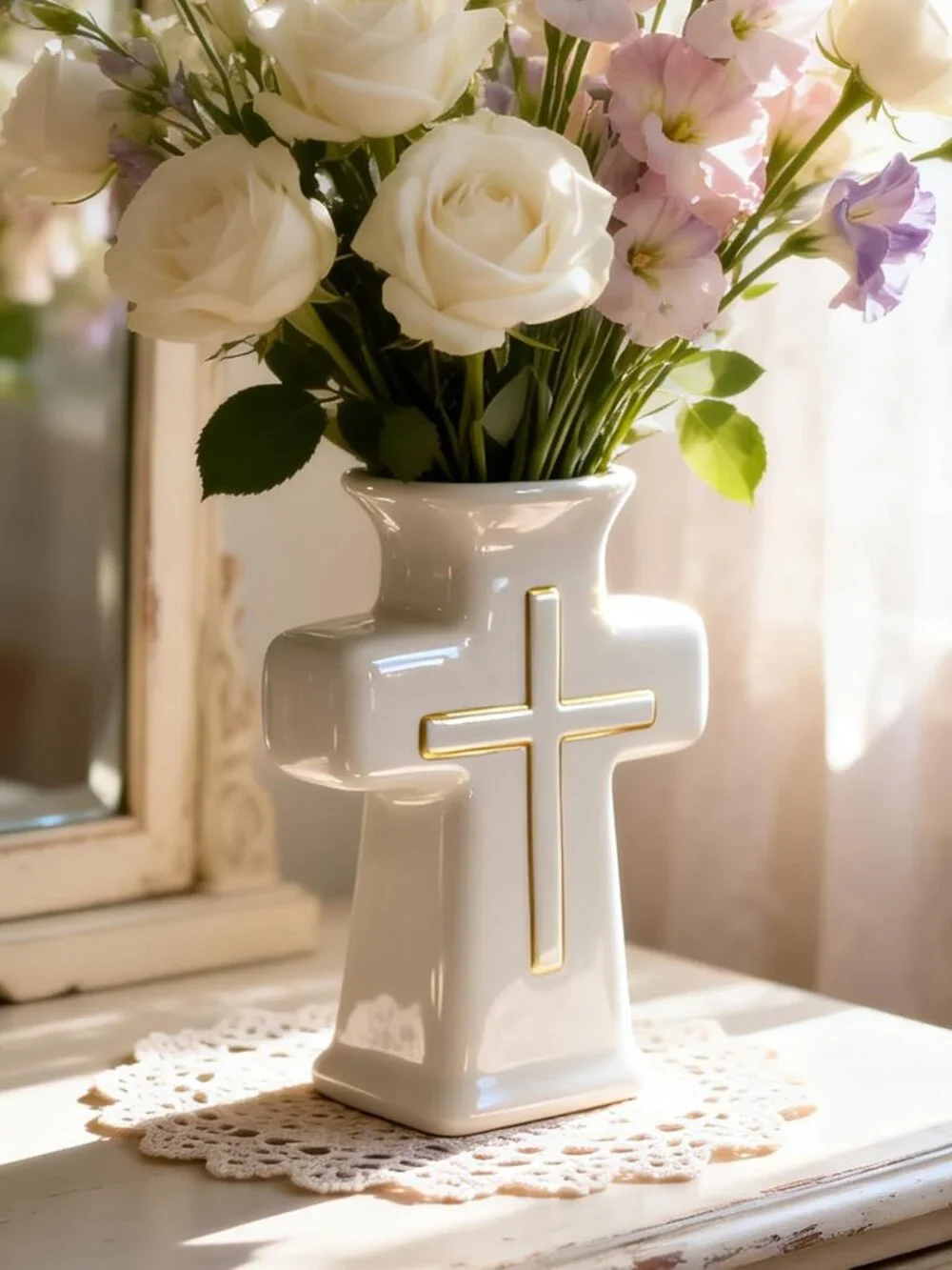 White Ceramic Cross Vase for Home Decor NEW